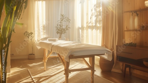 Massage table in a cozy massage room  relaxing environment in beige tones for beauty treatments.