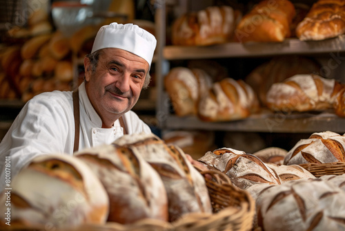 Baker with fresh loaves of bread in industrial kitchen