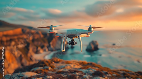 Drone photography, close-up on a drone hovering over a breathtaking landscape, a new perspective