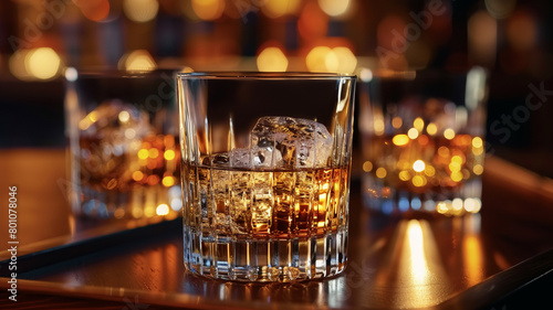 Whiskey alcohol drink bar ice liquid table glass, AI Generative.