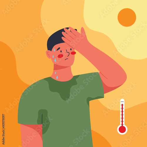 Heat stroke symptoms. Unbearable hot summer. Young man suffering from heat. Flat vector illustration of summer heat wave