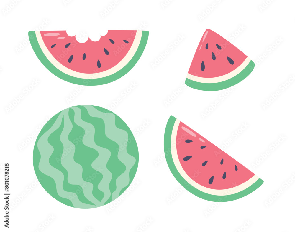 Watermelon and slices of watermelon on white background. Flat vector illustration of food Watermelon and slices of watermelon on white background. Flat vector illustration of food