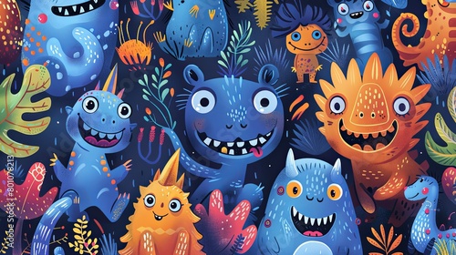 Vibrant pattern of cute, whimsical monsters frolicking in a magical forest photo