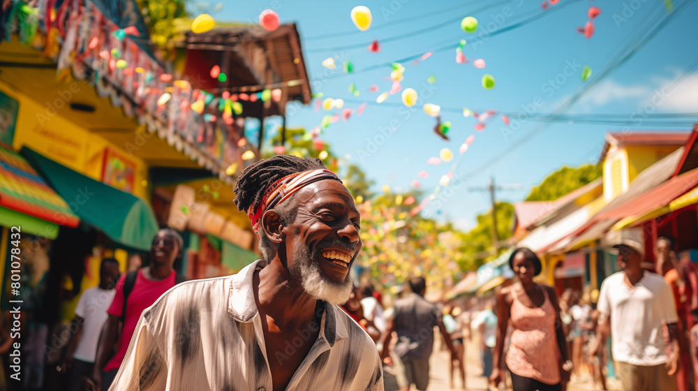 Fototapeta premium a local Jamaica man smiling happily at the carnival 