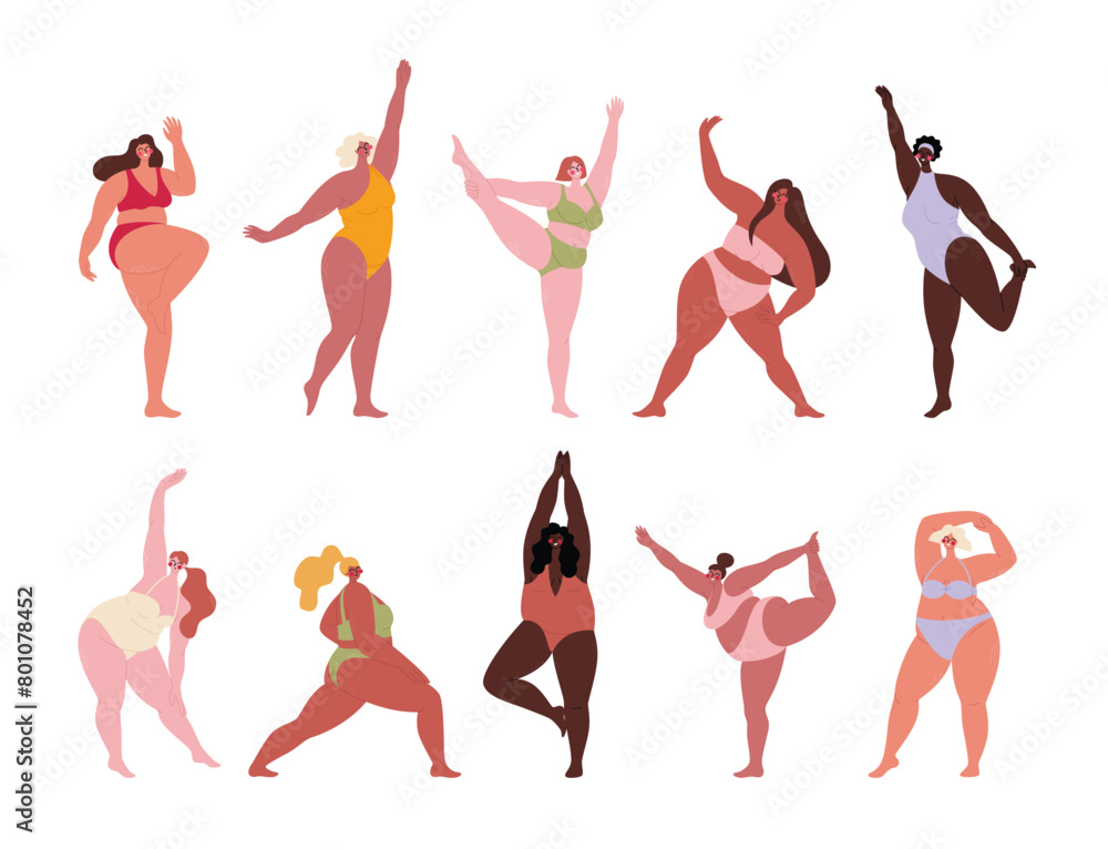 Plus size women in swimsuits. Body positive people. Curvy female body. Women doing exersises. Active lifestyle concept Plus size women in swimsuits. Body positive people. Curvy female body. Women doing exersises. Active lifestyle concept