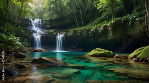 A hidden gem nestled deep within the forest  a waterfall cascades down rugged cliffs into a secluded emerald pool. The serenity of the scene is interrupted only by the soothing sound of flowing water.
