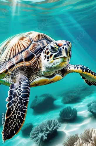 realistic underwater watercolor illustration of green turtle swimming under water at sea. © Artem Zatsepilin