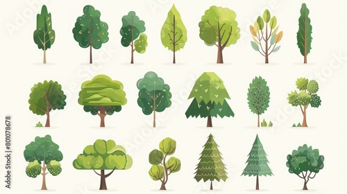 Flat design vector trees icon set. Popular tree species collection. Trees set in flat design. Vector illustration photo