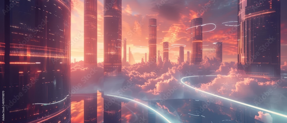 A 3D render of a futuristic landscape featuring floating roads weaving through hightech towers under a twilight sky, Sharpen Landscape background