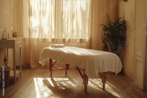 Massage table in a cozy massage room, relaxing environment in beige tones for beauty treatments.
