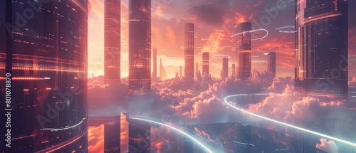 A 3D render of a futuristic landscape featuring floating roads weaving through hightech towers under a twilight sky  Sharpen Landscape background