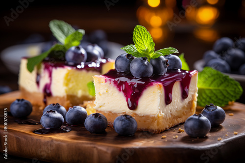 Lemon Blueberry Cheesecake Bars with fresh berries and mint on wooden board. Horizontal, close-up, side view.