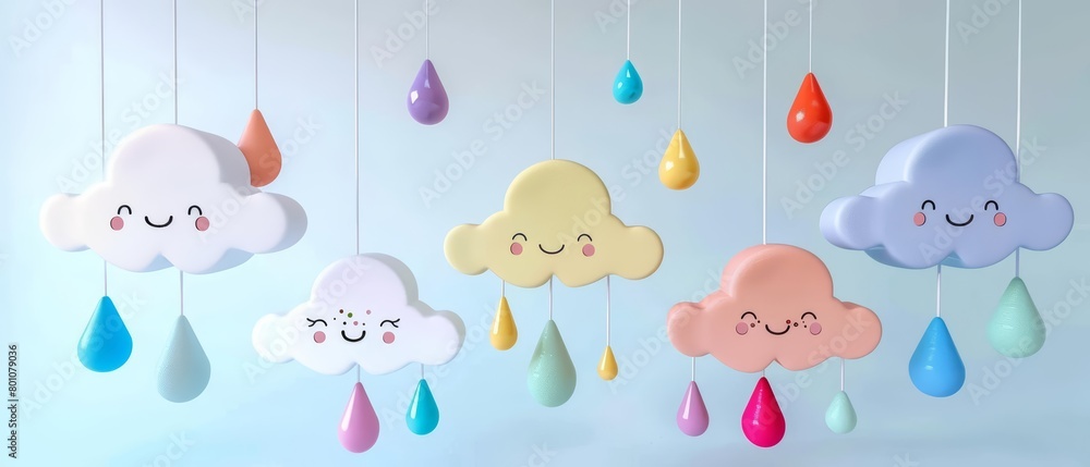 A 3D render of a kawaii cloud mobile with smiling faces on each cloud and colorful raindrops, Sharpen isolated on white background A 3D render of a kawaii cloud mobile with smiling faces on each cloud and colorful raindrops, Sharpen isolated on white background