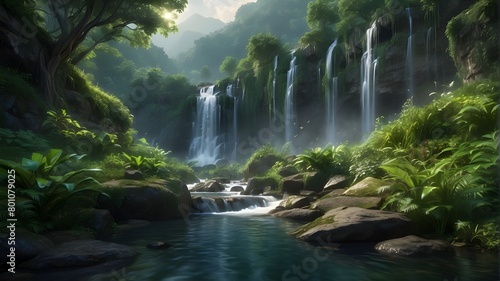 A gentle cascade of water gracefully descends a series of terraced cliffs  creating a soothing melody as it flows. Surrounding foliage glistens with dew  adding to the ethereal beauty of the scene. 