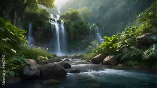 A gentle cascade of water gracefully descends a series of terraced cliffs, creating a soothing melody as it flows. Surrounding foliage glistens with dew, adding to the ethereal beauty of the scene. 