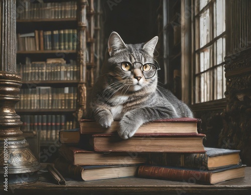 Wallpaper Mural A sophisticated gray tabby cat sitting on a pile of books in a grand library Torontodigital.ca