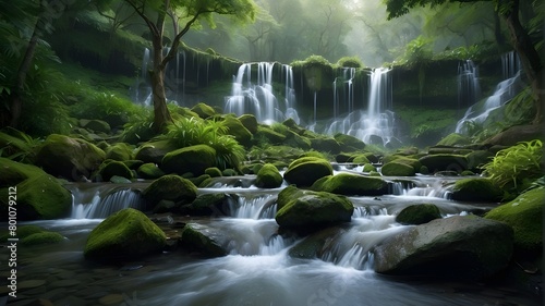 A gentle cascade of water gracefully descends a series of terraced cliffs, creating a soothing melody as it flows. Surrounding foliage glistens with dew, adding to the ethereal beauty of the scene. 