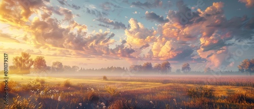 A 3D render of a lowlevel view of a warm summer morning, where fields stretch under a sky filled with soft, pastel clouds, Sharpen Landscape background photo