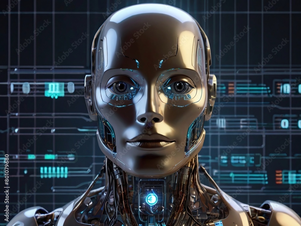 a robot with metallic body, set against a digital interface background, embodying futuristic AI technology a robot with metallic body, set against a digital interface background, embodying futuristic AI technology