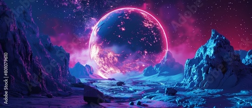 A 3D render of a neon abstract space background framing a futuristic fantasy landscape, where artificial intelligence governs the flow of energy, Sharpen Landscape background