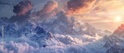 A 3D render of a panoramic view of cloudy mountain peaks, capturing the essence of a dramatic evening sky as the sun sets, Sharpen Landscape background