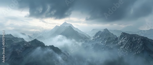 A 3D render of a panoramic view of cloudy mountain peaks, capturing the essence of a dramatic evening sky as the sun sets, Sharpen Landscape background