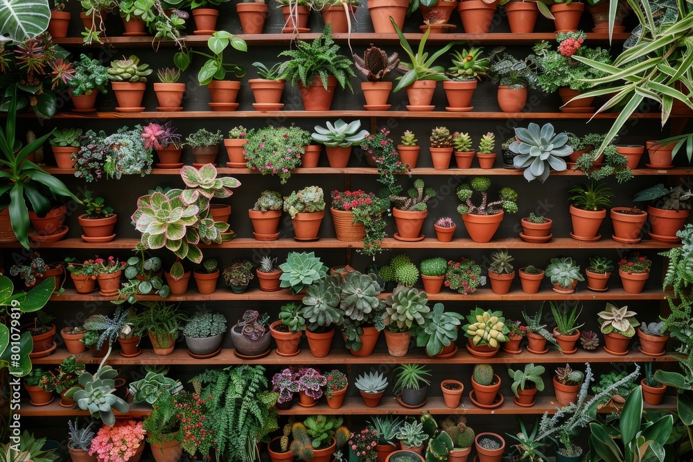 A top-down view of a shelf filled with various potted houseplants such as succulents, ferns, and flowering plants