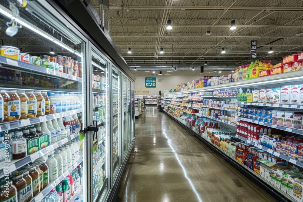A wide-angle shot of a bustling grocery store with shelves packed full of various food items