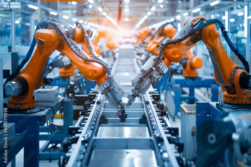 Robotic arms in an automotive assembly line move along a conveyor belt in a manufacturing plant, showcasing precision and efficiency