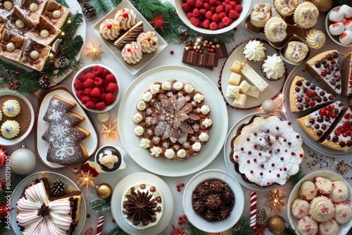 A table filled with a variety of desserts such as cookies, cakes, and pastries, perfect for a festive Christmas celebration