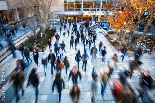 A large group of students with varied backgrounds and clothing styles energetically walking together across a busy college campus