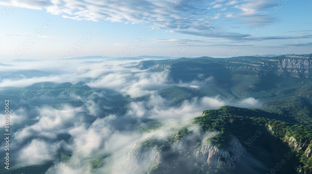 A 3D render of an aerial view of clouds over a valley and fog, capturing the tranquil essence of an early morning in autumn, Sharpen Landscape background
