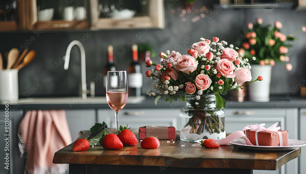 Vase with beautiful flowers, glasses of wine and gifts for Valentine's Day on table in kitchen