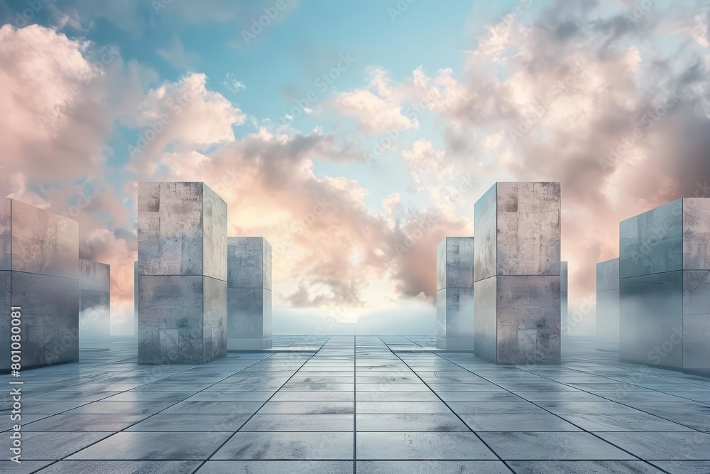 A 3D render of an empty square floor, surrounded by advanced architectural structures under a sky filled with synthetic clouds, Sharpen Landscape background