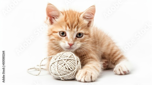 A cute orange kitten playing with a ball of yarn, minimal and so cute, isolated on white background