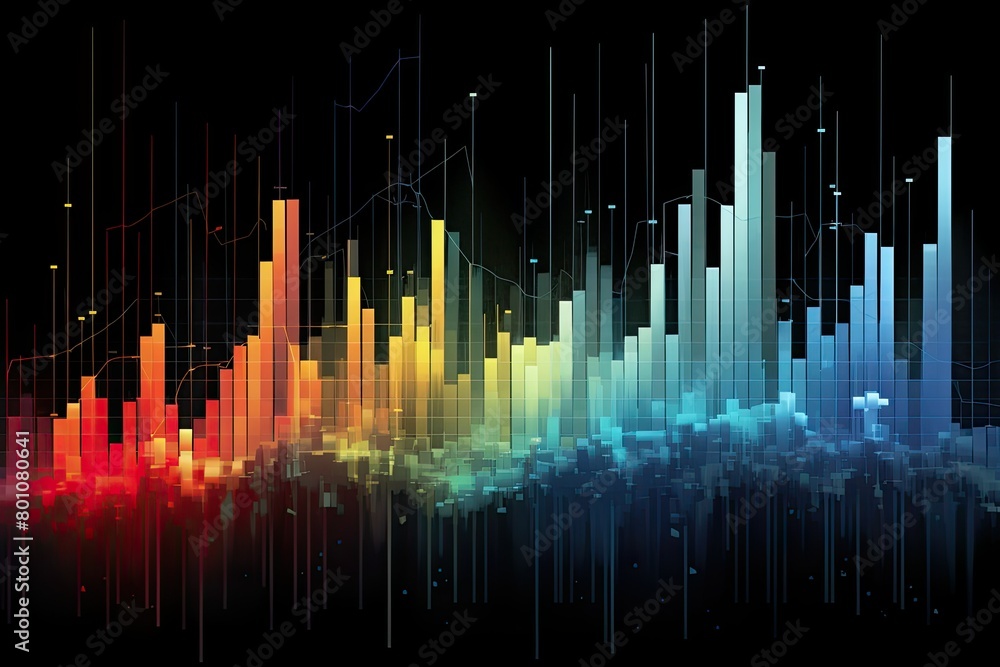 A colorful sound wave displayed against a dark black background, showcasing various frequencies and amplitudes. Generative AI A colorful sound wave displayed against a dark black background, showcasing various frequencies and amplitudes. Generative AI