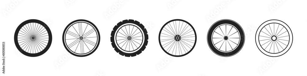 Bicycle wheel icons set. Bike wheel symbol. Bicycle rubber tyres. Vector