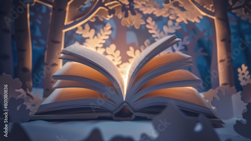 A paper book opens wide on World Book Day, its pages filled with classic tales and new adventures, paper art style concept