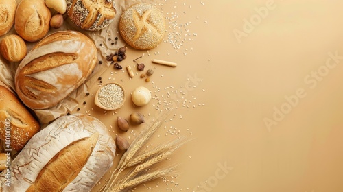 Artisan bread assortment on warm beige background, ideal for bakery or organic food advertising. Trendy monochrome setup enhances visual appeal.