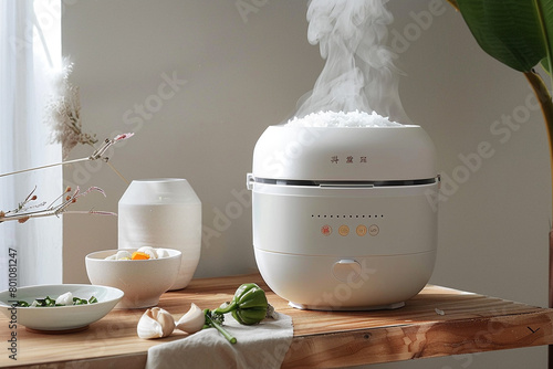 A white rice cooker with a steam basket for dual cooking, preparing rice and vegetables simultaneously. photo