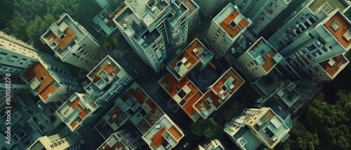 A town where every building is designed to look like a piece of a giant puzzle, fitting neatly together from above Sharpen close up strange style hitech ultrafashionable concept photo
