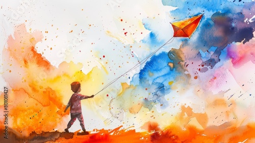 A watercolor painting of a minimal kid flying a vibrant kite in the sky, on a white background