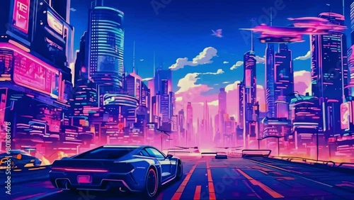 Cute street road in neon city car race, 2D Japanese Lo-fi Anime style Seamless loop hip-hop chill music lofi bites vibes Relaxing animation