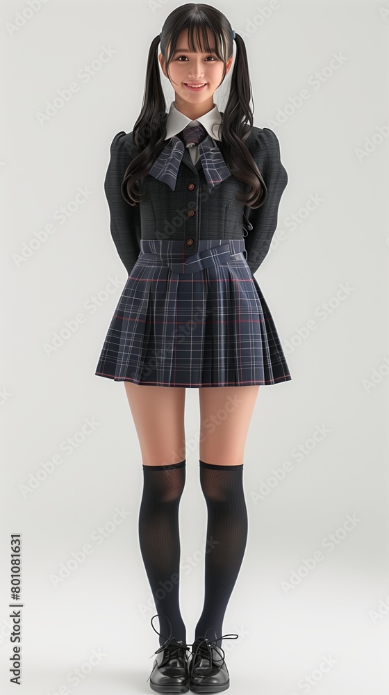 Portrait of smiling girl in Japanese school uniform, isolated on white background. Full body. Portrait of smiling girl in Japanese school uniform, isolated on white background. Full body.