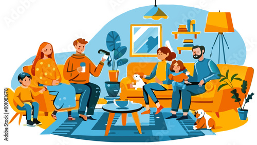 Cozy Family Time at Home with Children and Pets Illustration