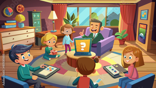 Colorful Family Game Night with Animated Characters in Cozy Living Room