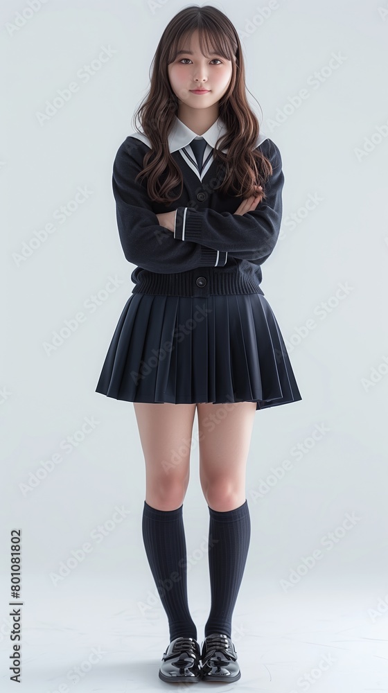 Portrait of smiling girl in Japanese school uniform, isolated on white background. Full body. Portrait of smiling girl in Japanese school uniform, isolated on white background. Full body.