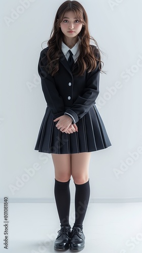 Portrait of smiling girl in Japanese school uniform, isolated on white background. Full body. © STKS