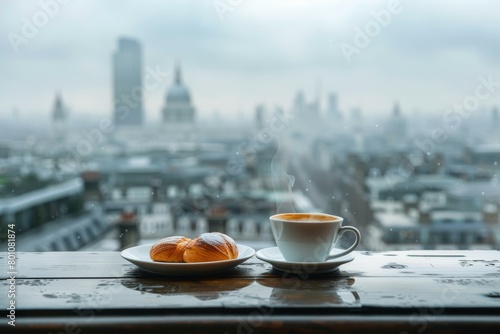 Cozy breakfast with coffee and croissant, city skyline backdrop, perfect for lifestyle and travel themes.