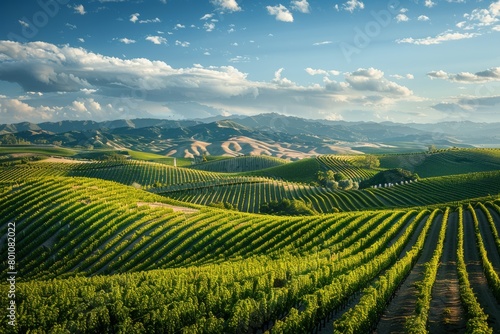 Aerial perspective of a vineyard nestled in hilly terrain, showcasing rows of vines and agricultural activity